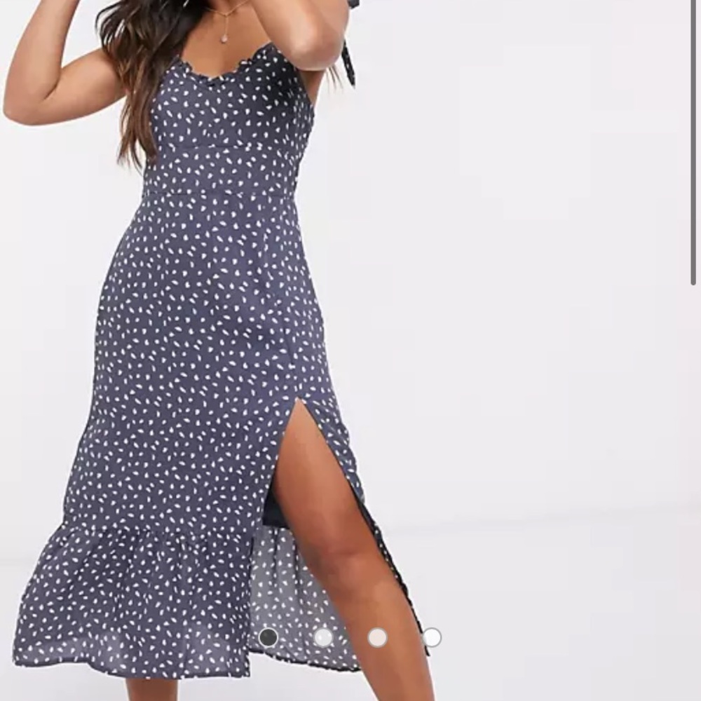 Polka dot midi slit tie strap dress
